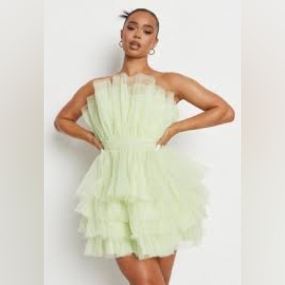 Lime Green Tulle Strapless Dress - Picture 1 of 6